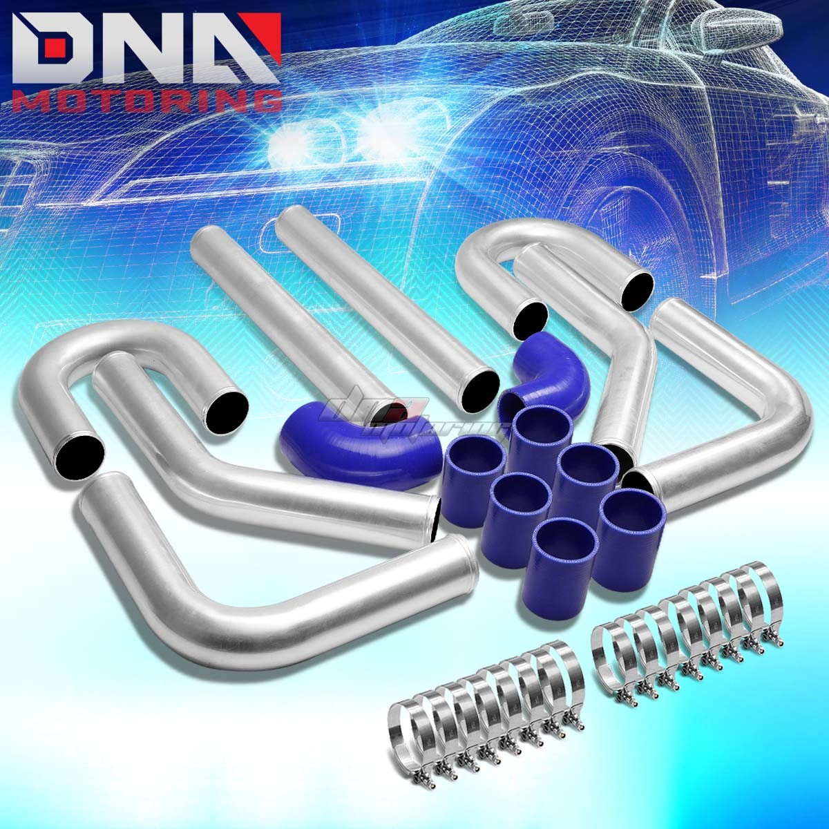 8-PC 2.5" ALUMINUM FMIC TURBO INTERCOOLER PIPING KIT W/COUPLER HOSES & CLAMPS