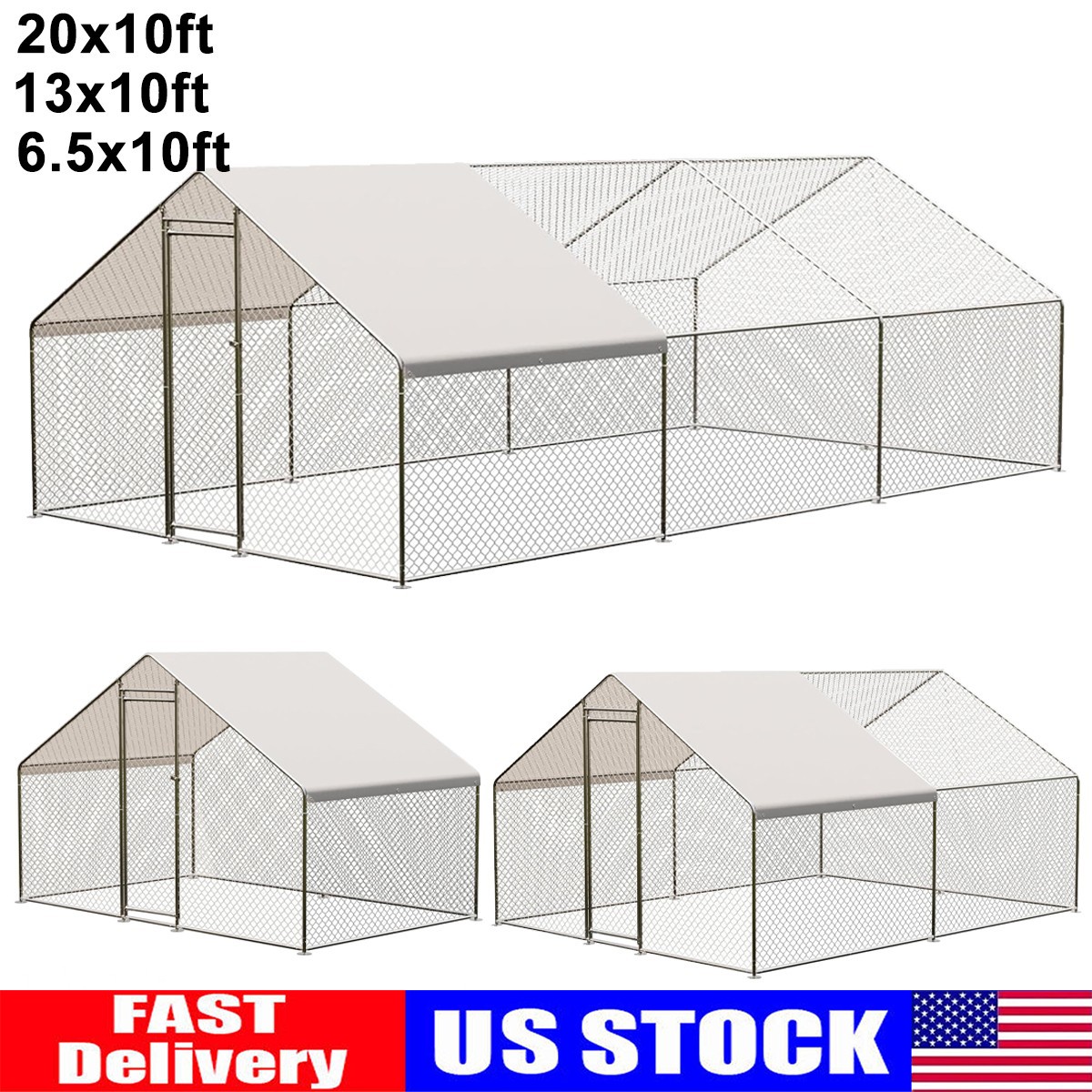 20x10 Metal Chicken Coop Walk-in Poultry Cage Pet House w/ Chicken Run Cover New