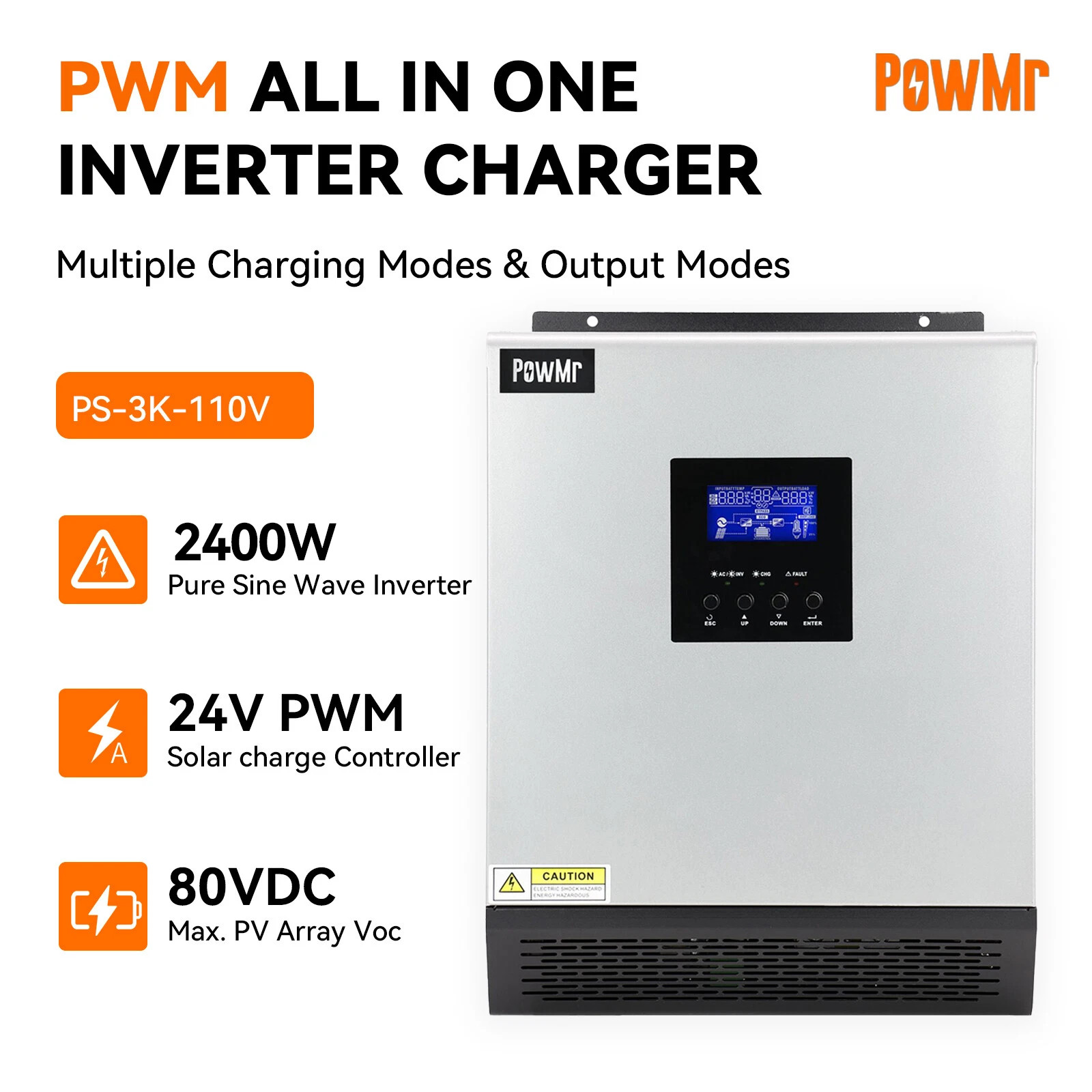 2400W Hybrid Solar Inverter DC 24V to AC 110V Built-in 50A PWM Solar Controller