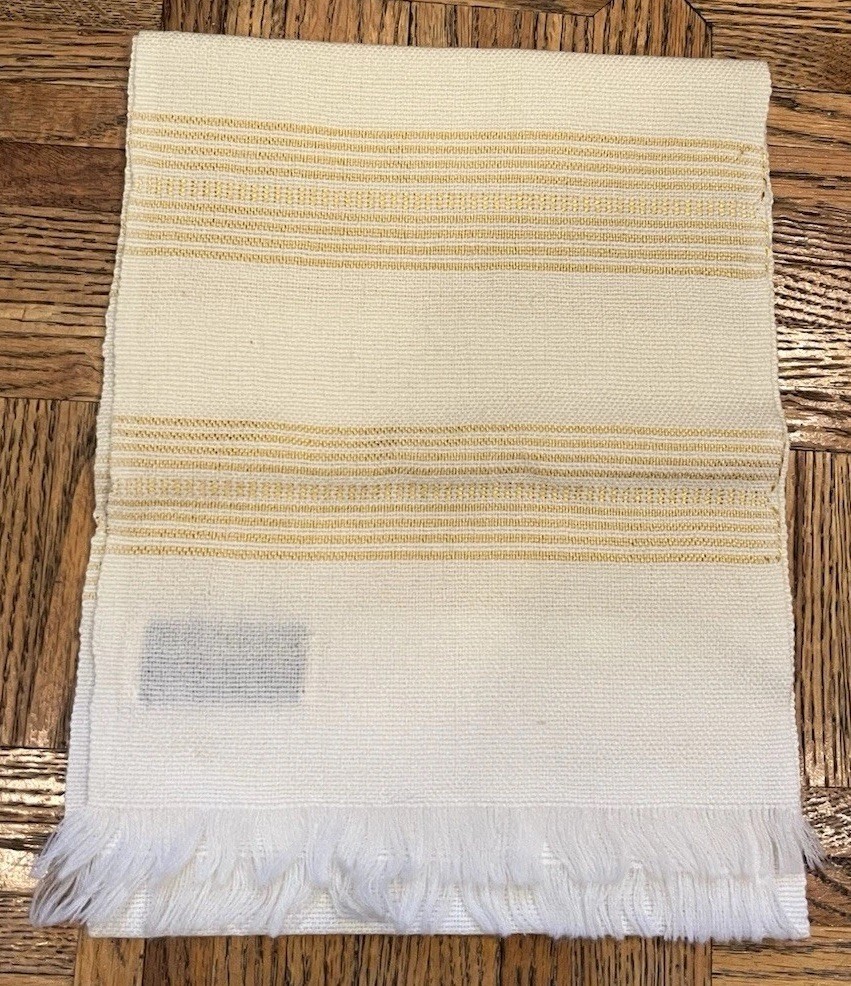 Vintage Madawaska Weavers Canada Pure Wool Hand Woven Scarf 9x42.5” Cream Gold