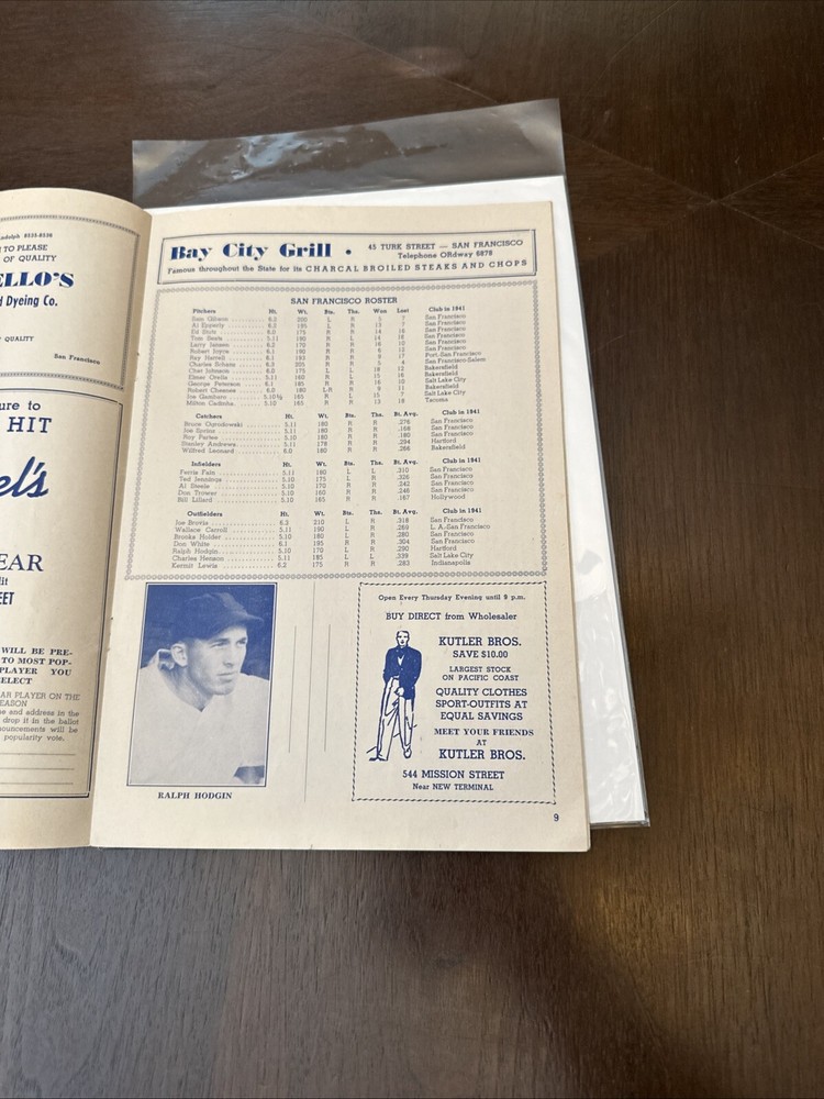 1942 Program Sam Francisco Seals vs Hollywood Stars Scored