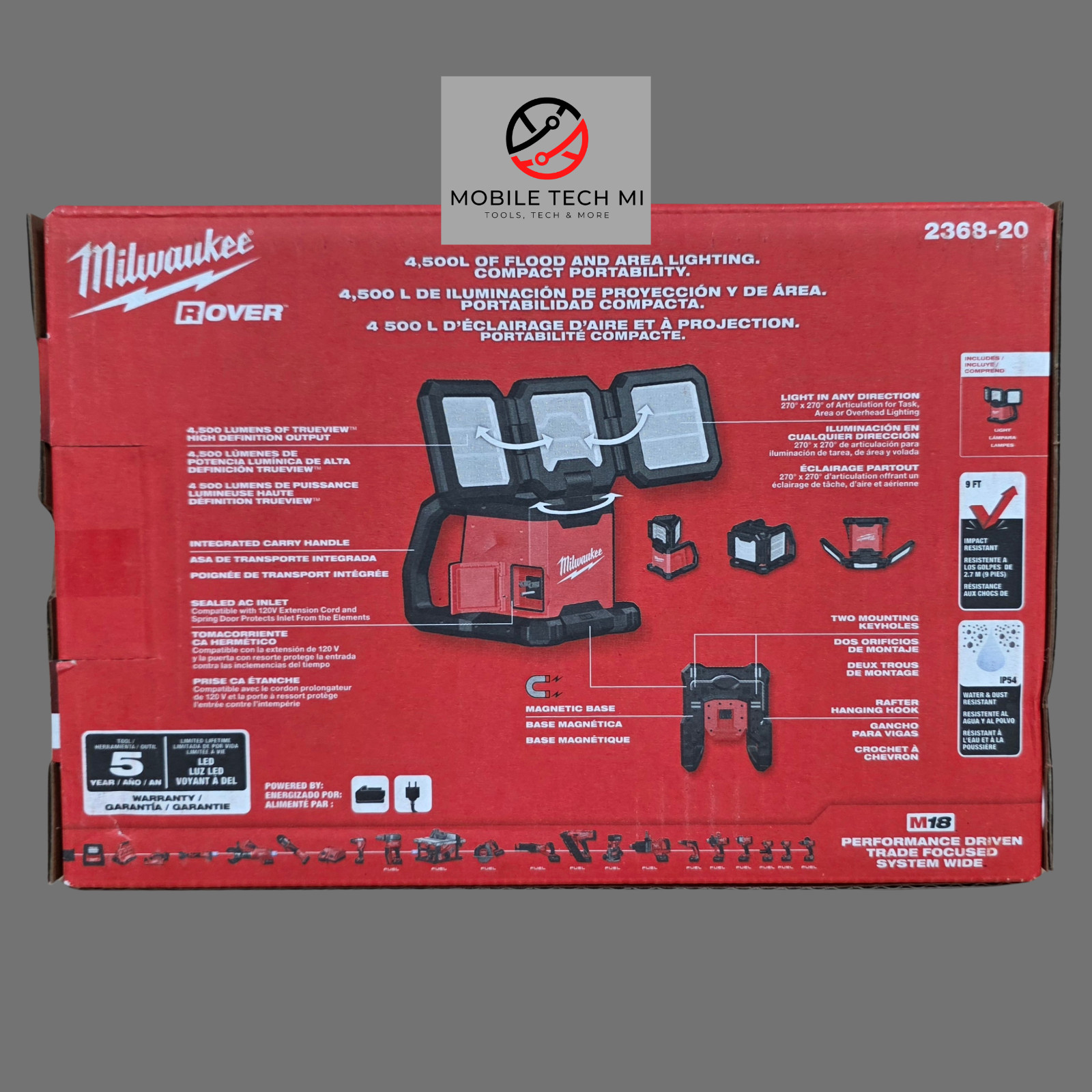 Milwaukee M18 ROVER 2368-20 Dual Power Triple-Panel Flood Area Light 4500 Lumens