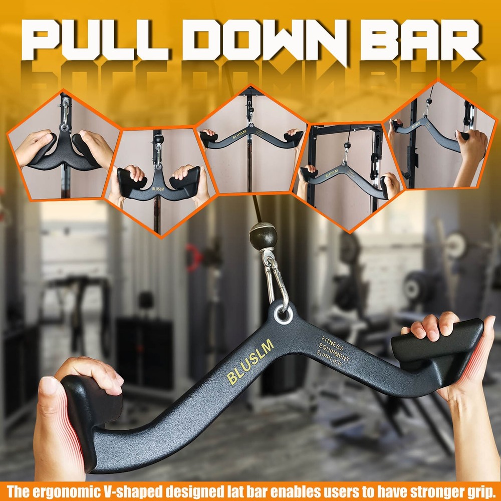 7Pcs LAT Pull Down Bar for Cable Machine Pulldown T Bar V Bar Cable Attachments