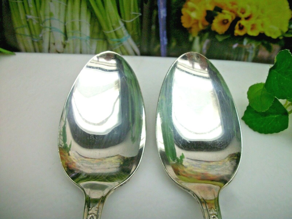2 International Marigold SILVER MIST Silverplate Solid Serving Spoons 1935