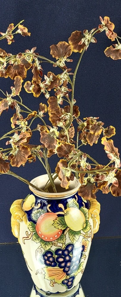Decorative Vase - Hand-painted Fruit Pattern, Sculpted Handles