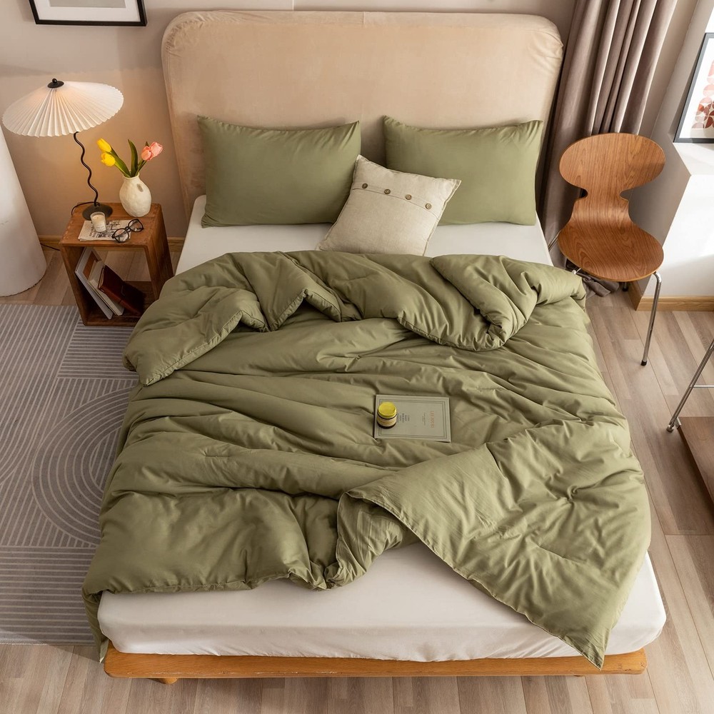 Queen Bedding Set, 3pcs Boho Comforter, Lightweight Quilt, Olive