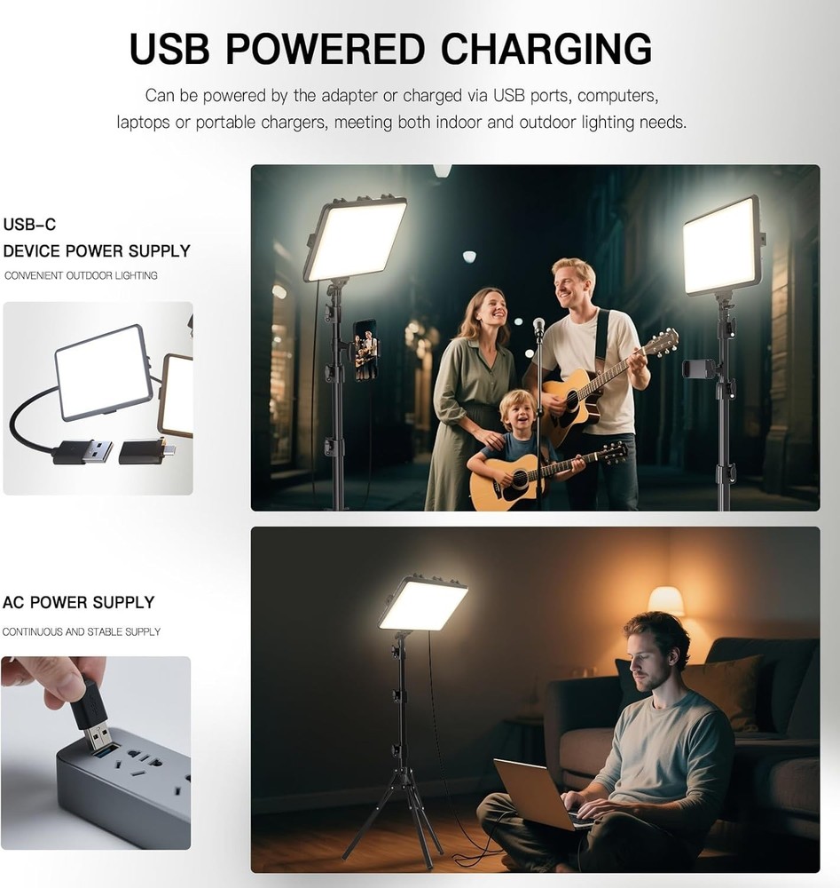 LED Studio Light Kit for Photography - Adjustable Tripod & USB-C Power