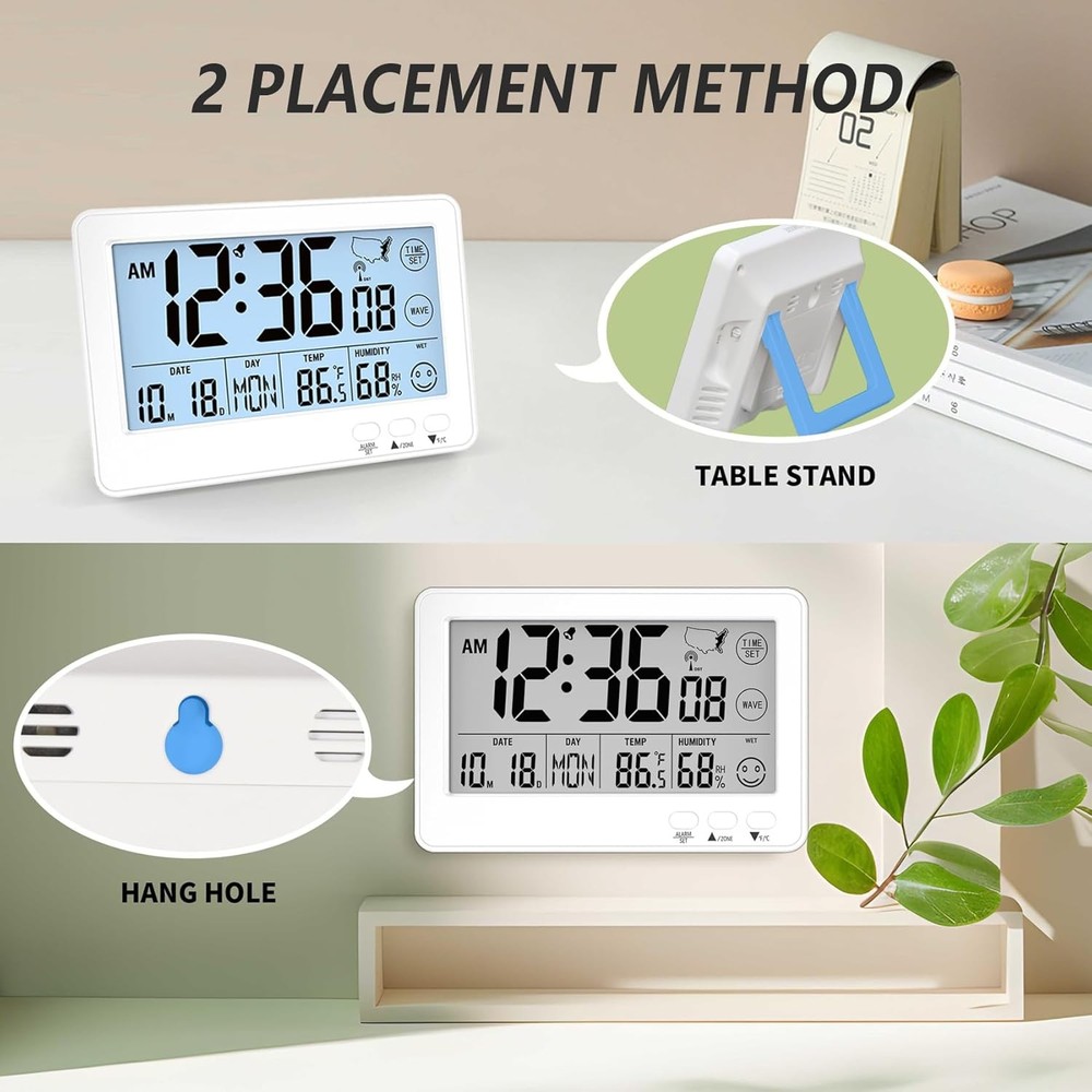 Small Desk Atomic Alarm Clock for Bedroom, Self-Calibrating Time and Date Clock