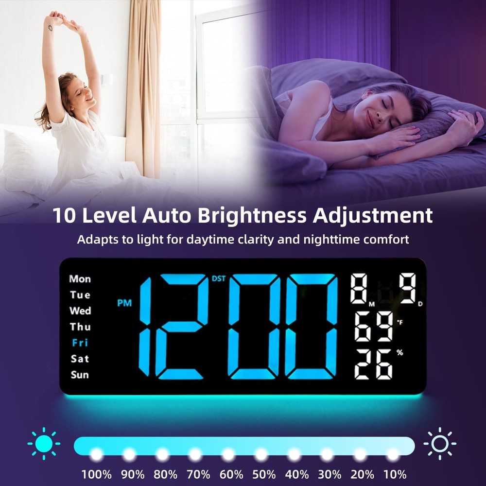 17.5” Digital Wall Clock, LED Display with Time, Date, Month, Temperature