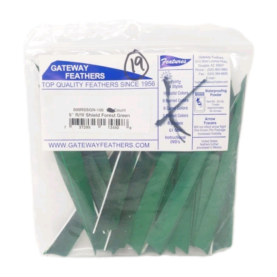 19 Count Gateway Archery Arrow Feathers 5" Right Wing: Shield Forest Green