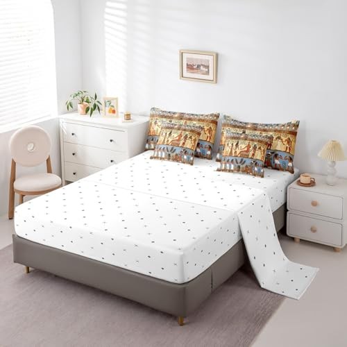 Ancient Egypt Bedding Set with Sheets Egyptian Pattern King Beige Blue