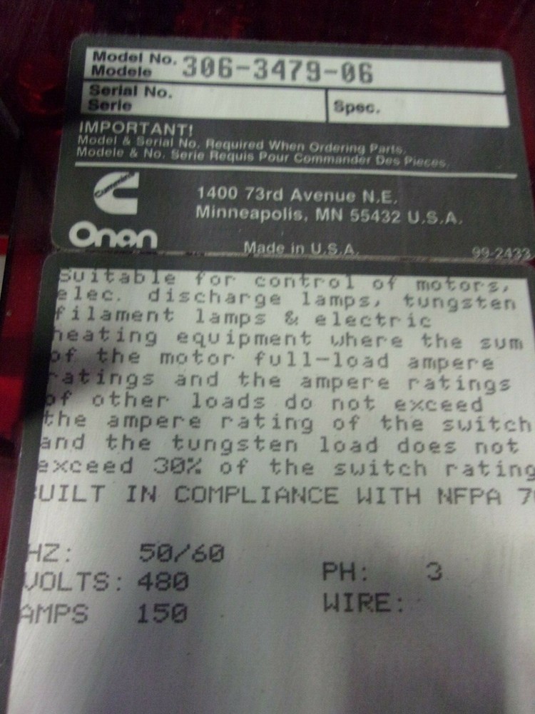 ONAN 306-3479-06 TRANSFER SWITCH 150a 480v 3ph