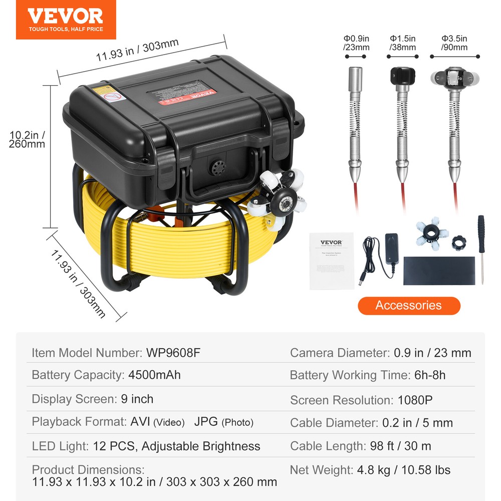 VEVOR 9" Sewer Camera 98 ft/30m Self-Leveling Pipe Inspection Camera HD screen