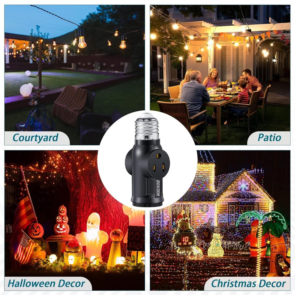 Black 3 Prong Light Socket Adapter with 2 Outlets E26 E27 Plug Converter