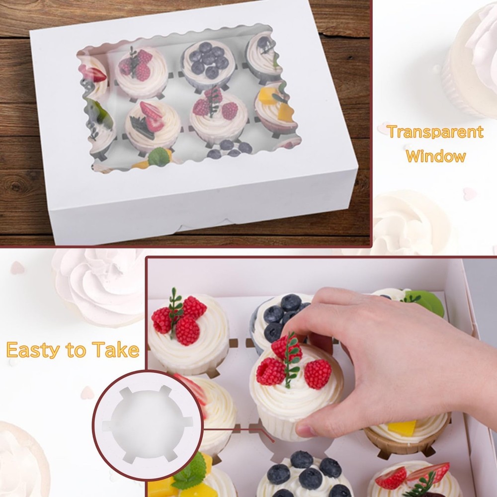 Pre-folded 12 count Cupcake Boxes, 15-Set Cupcake Container with Window Trans...