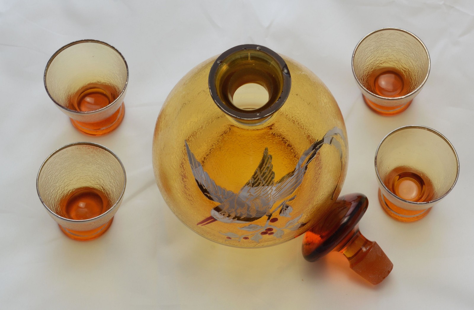 Czecho Slovakian Silver and Enameled Amber Glass Decanter Set 4 Cordials 1920s