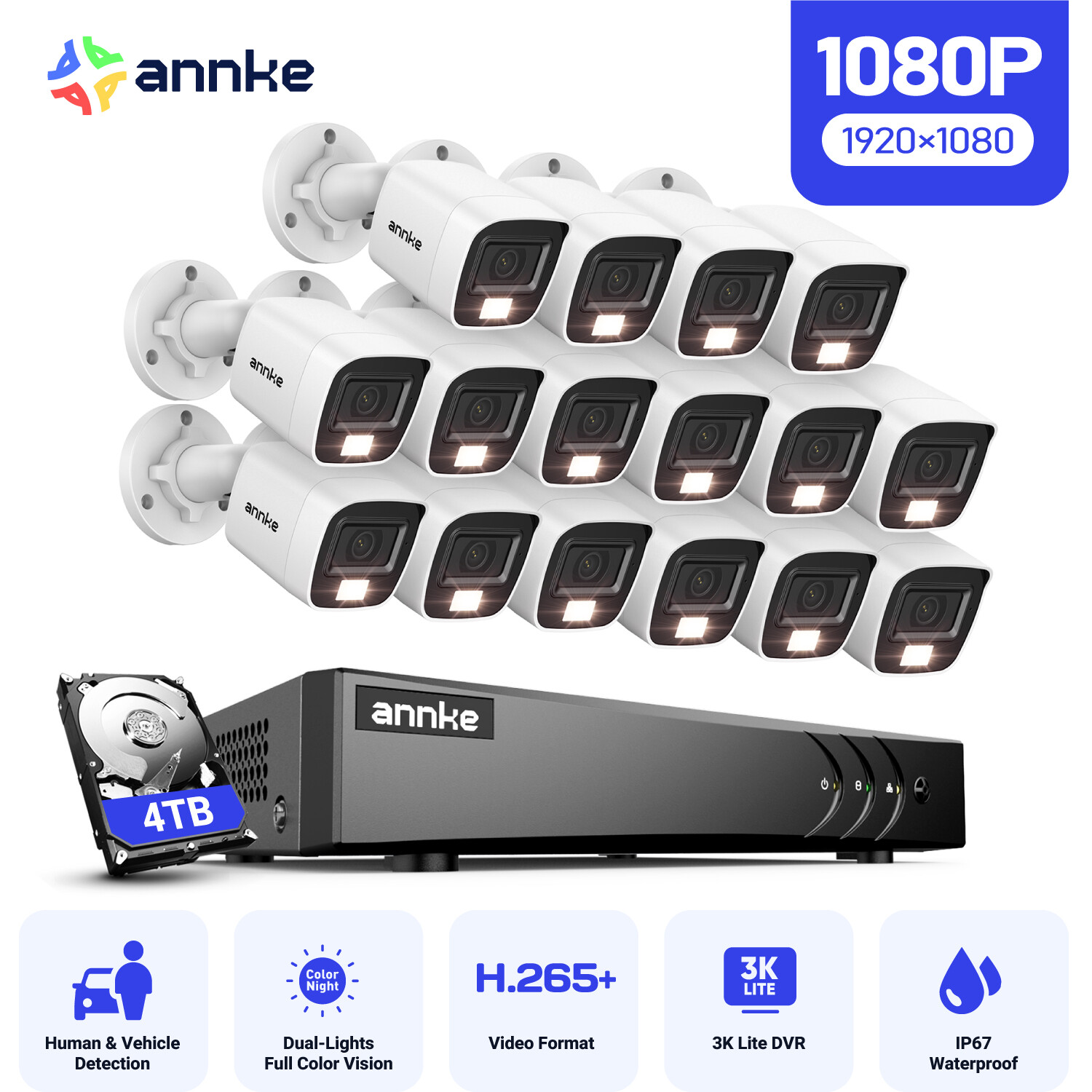 ANNKE 16CH 5MP Lite DVR 1080P Outdoor Security Camera System AI Human Detection