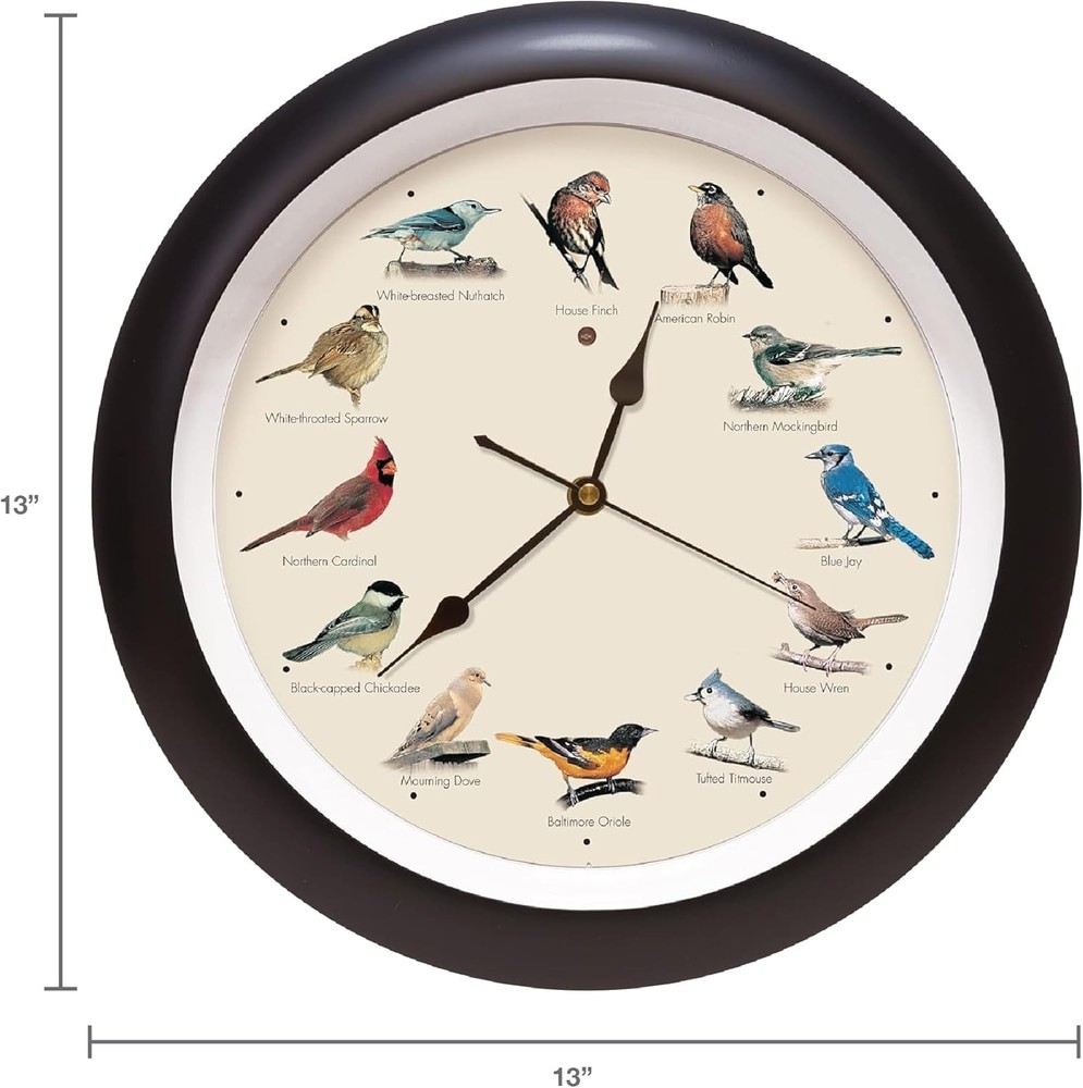 Authentic Singing Bird Wall Clock 13" Black - Quartz Movement, Battery Powered
