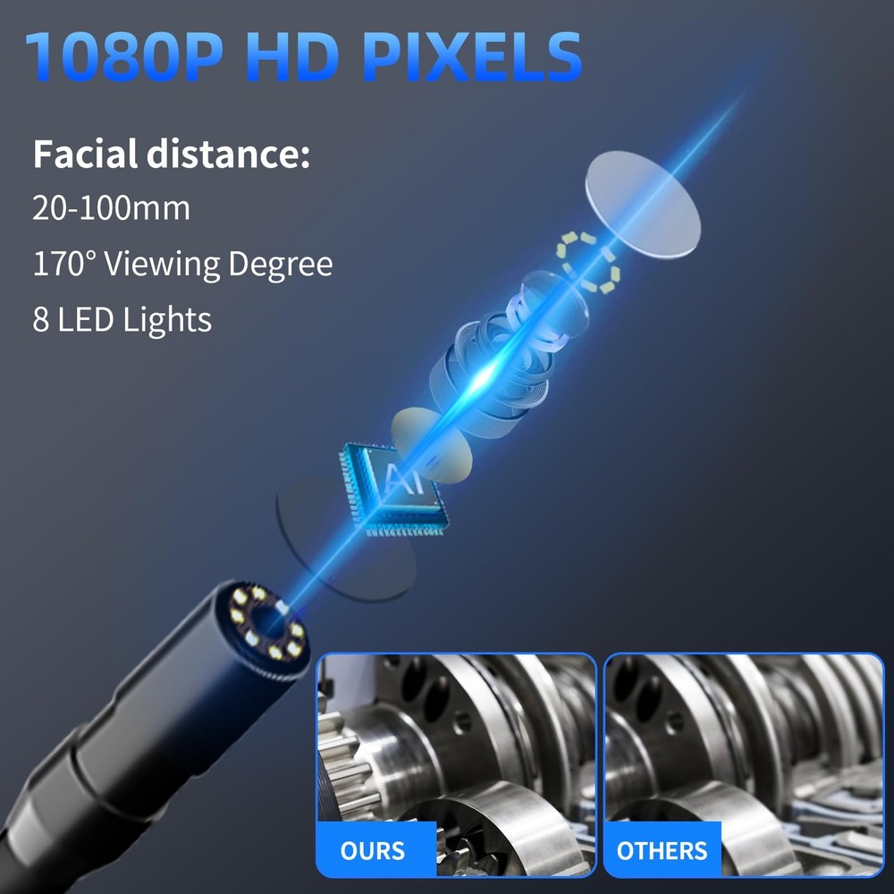 Endoscope Camera with Light - IP67 Waterproof Borescope Camera with 8 Adjusta...