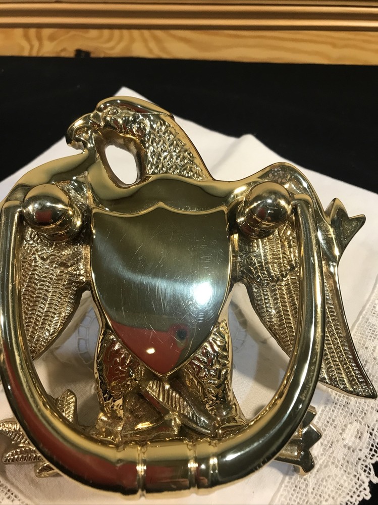 Vintage Solid Brass Eagle Shield Door Knocker Large Heavy 7" Wide 2 lbs