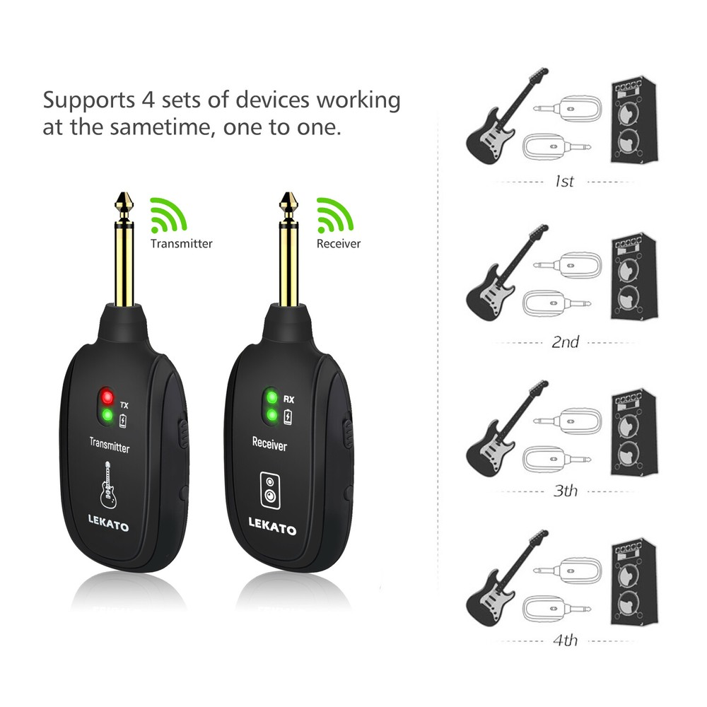 LEKATO Rechargeable Wireless Guitar System UHF Transmitter Receiver 4 Channels