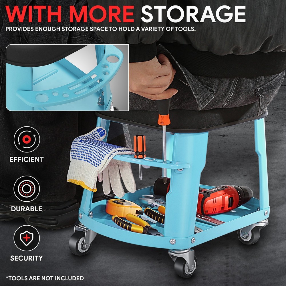 Removable Mechanic Stool Rolling Workshop Mobile Seat w/ Storage Tray Sky Blue