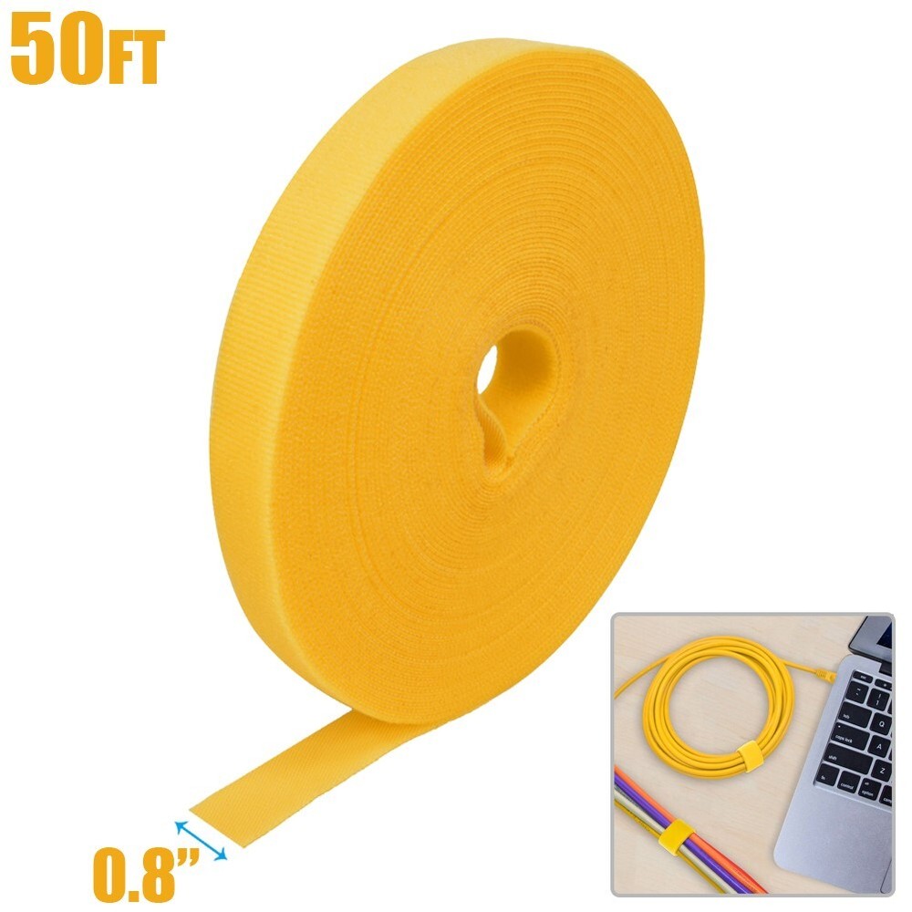 50FT Roll Reusable Hook Loop Self Attaching Cable Tie Fastening Tape Yellow