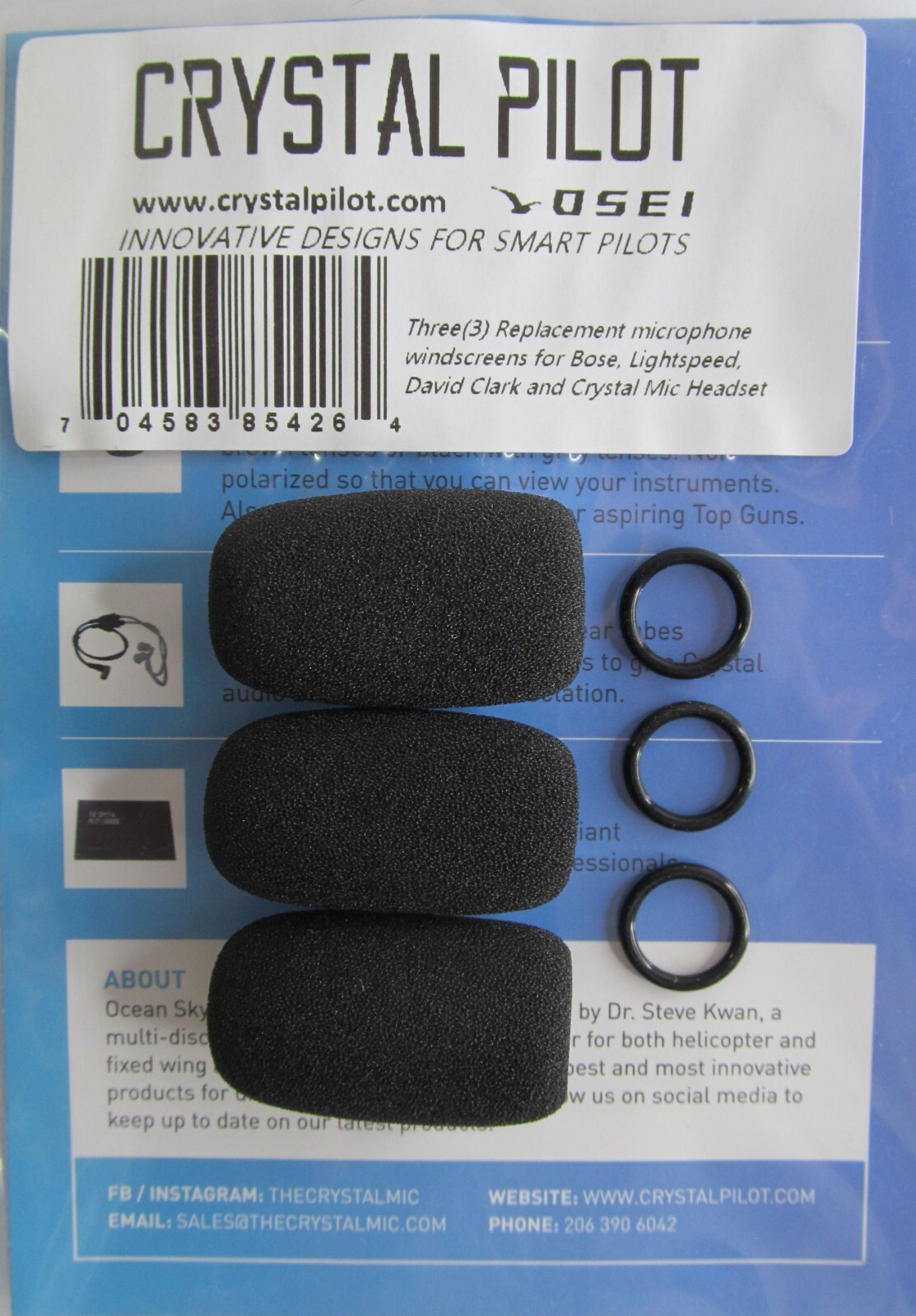 3-PACK CRYSTAL PILOT MICROPHONE WINDSCREENS/ FOAM COVERS FOR BOSE/ DAVID CLARK++