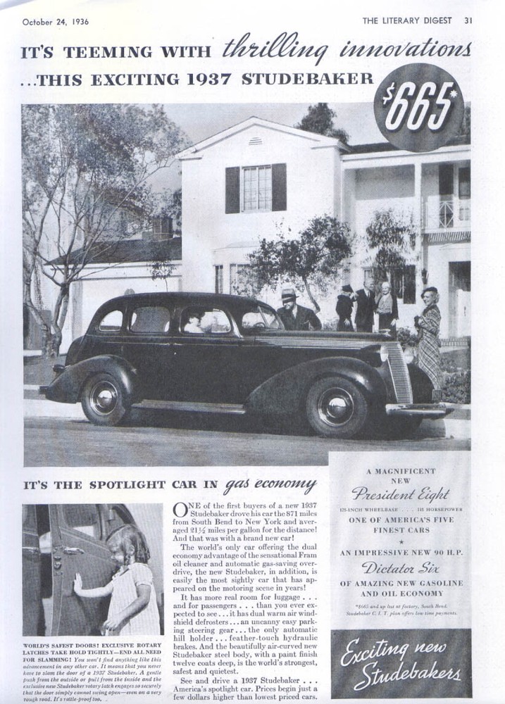 Teeming with thrilling innovations Studebaker ad 1937 Literary Digest