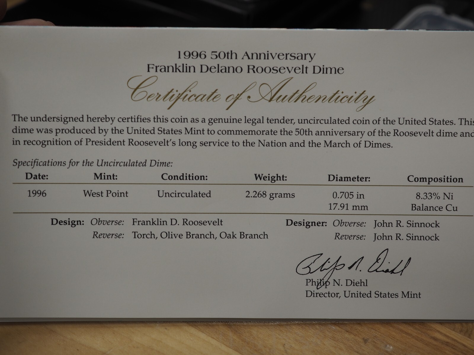 1996 W Roosevelt Dime ~ 50th Anniversary Coin ~ with COA ~ FREE SHIPPING!