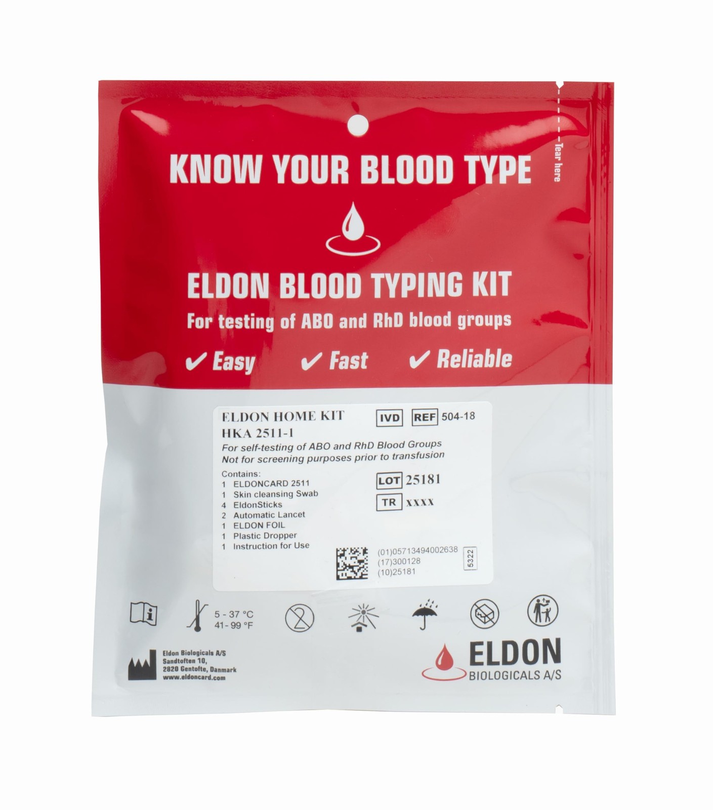 Eldoncard Blood Typing Kit, 1 Test Pack, Know Your 5 Piece Set, Red