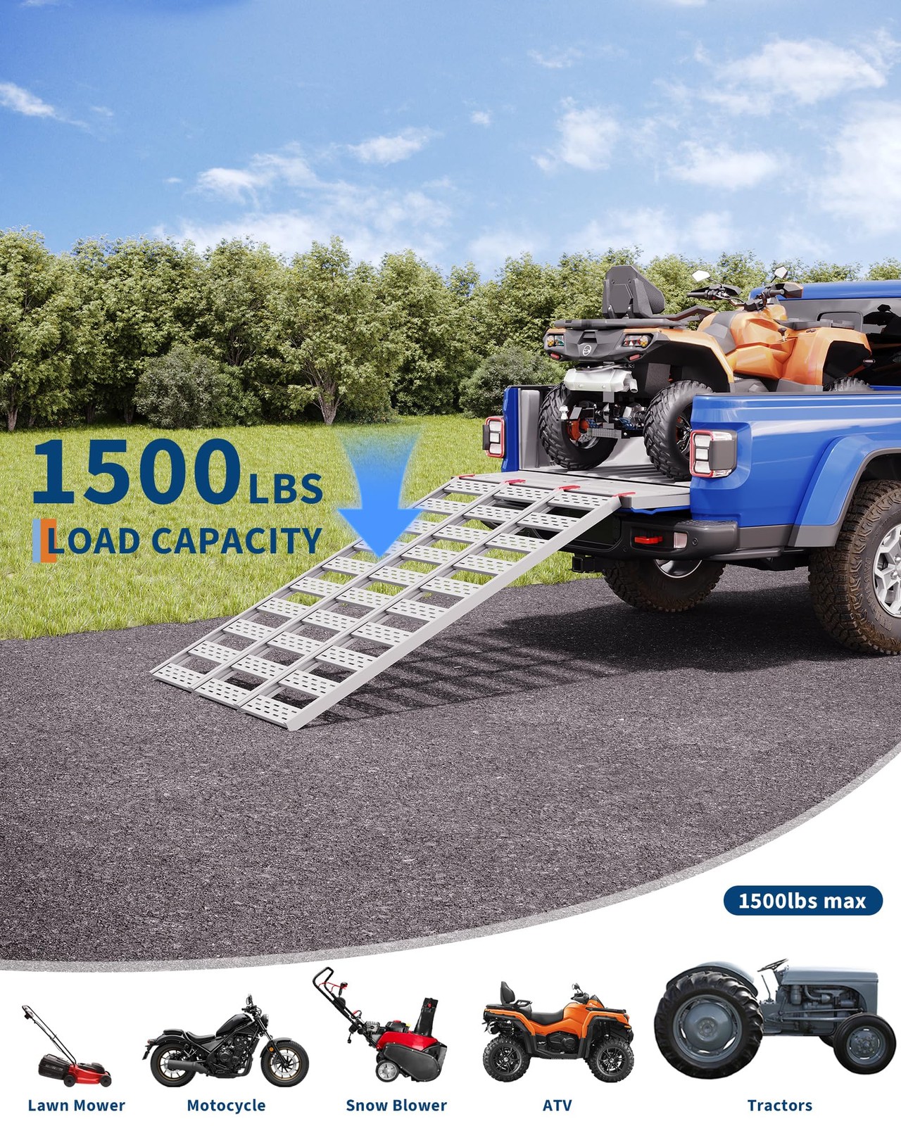 76x50" Tri-Fold Aluminum Truck Loading Ramp 1500 Lbs Heavy Duty ATV Ramp Pickup