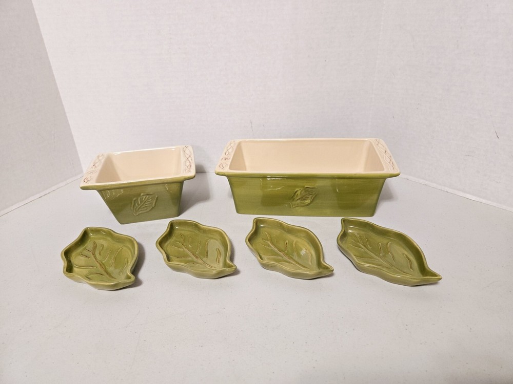 Tastefully Simple Green Leaf Pattern, Square/Oblong Baking Dishes, 4 Dip Trays