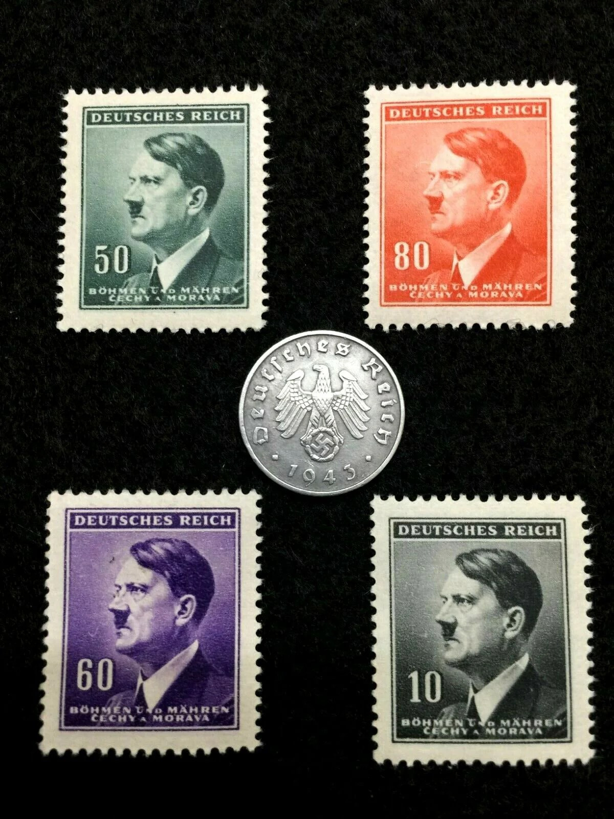 Germany WWII Coin & 4 MNH Stamps Böhmen Und Mähren 1940s Historic Collector Set