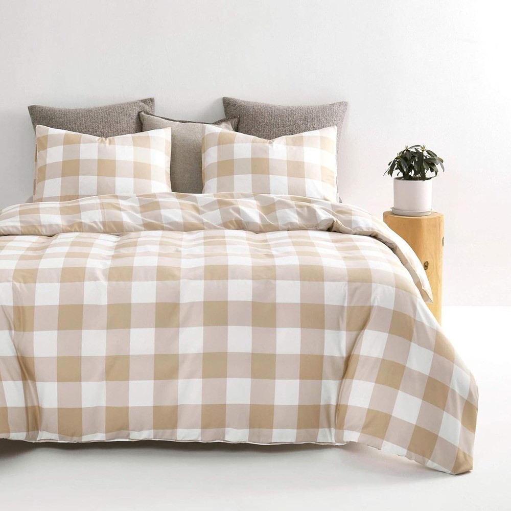 Wake In Cloud - Gingham Comforter Set, Plaid Buffalo Check Queen, Beige
