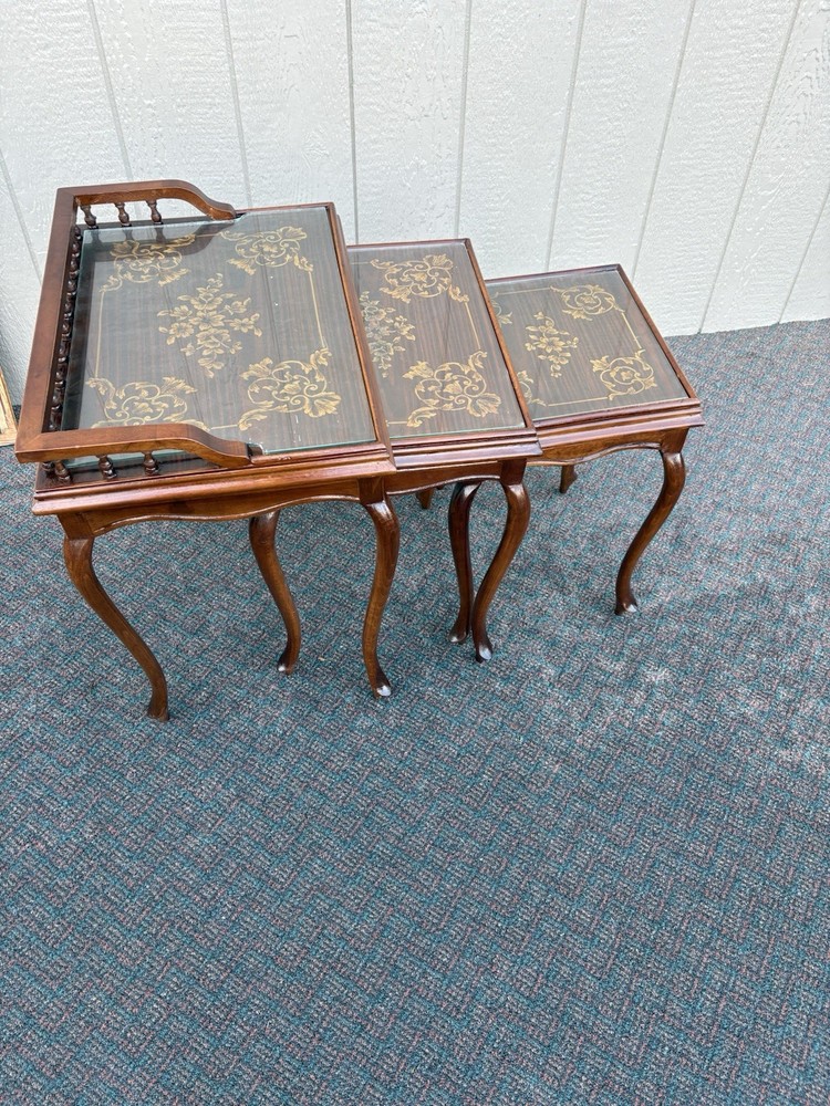 67334 Inlaid Mahogany 3 Stack Table Set with Gallery
