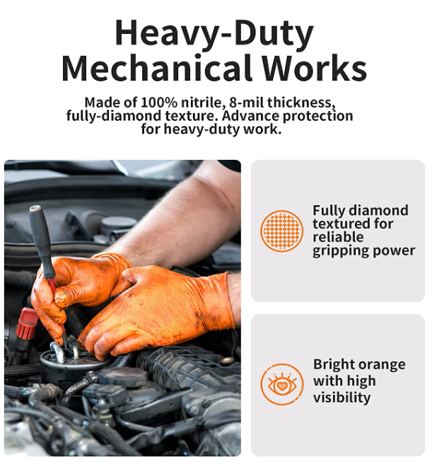 First Glove Grip Orange Nitrile Disposable Gloves 8 Mil Raised Diamond Texture