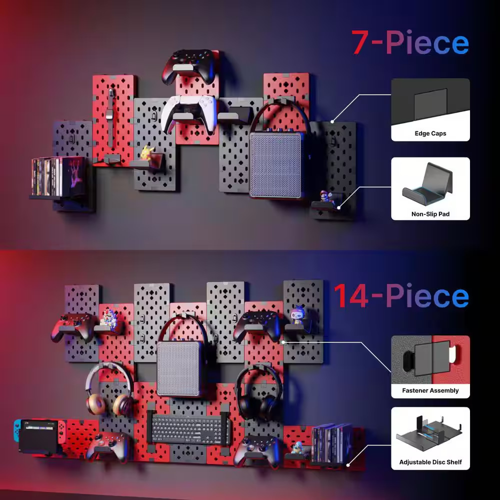 14 Pcs Black Red Controller and Headphone Holder Wall Mount, Modular Gaming Pegb