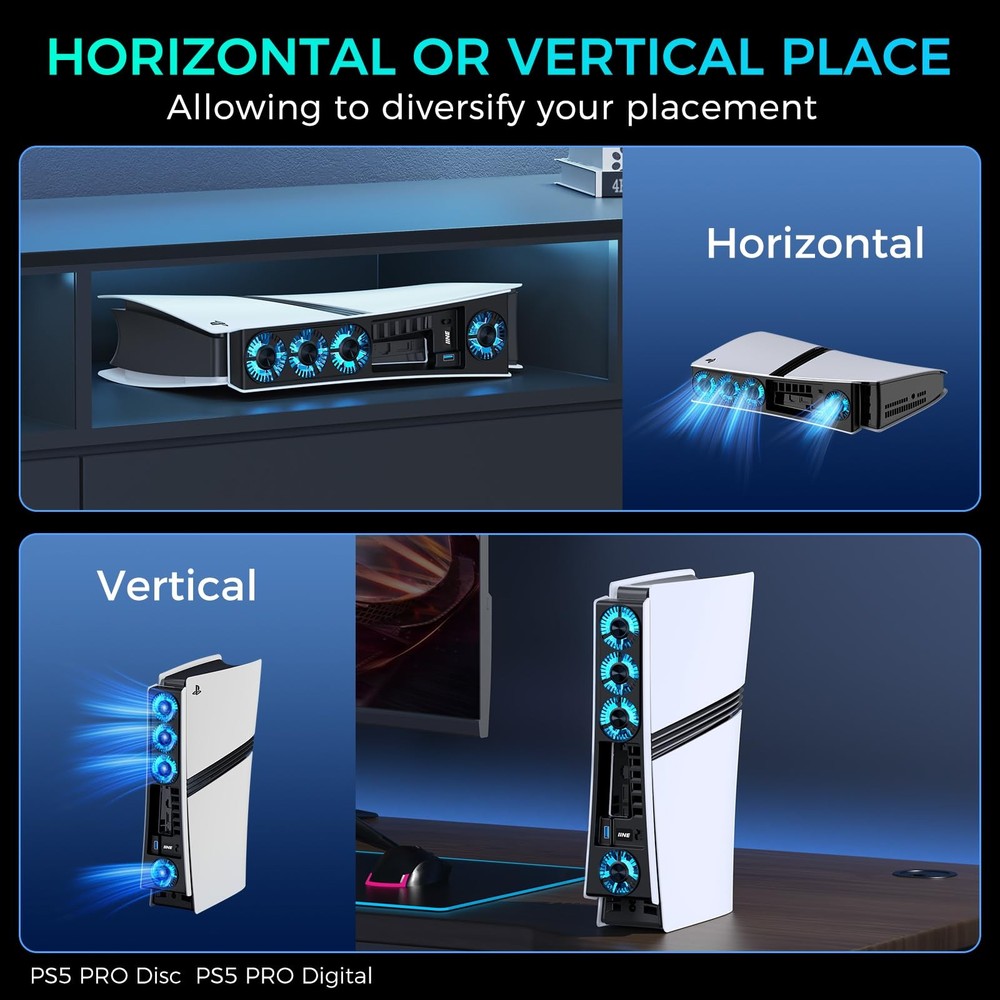 Cooling Fan for PS5 Pro, Efficient Cooler with Adjustable Speed/LED BLACK