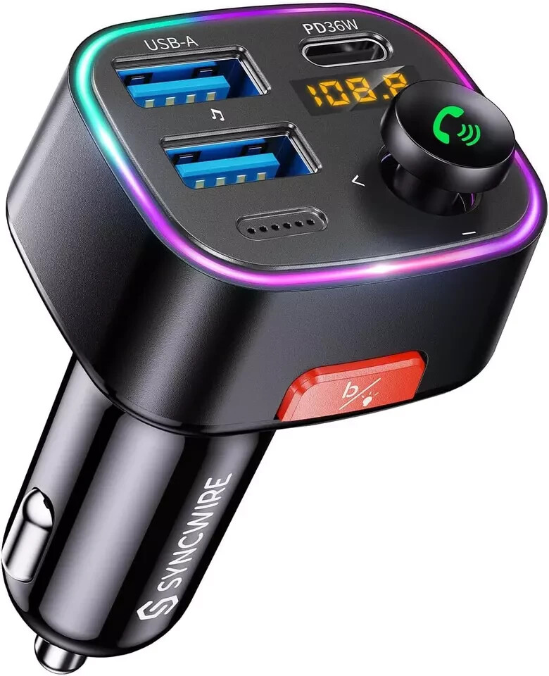 Syncwire Bluetooth 5.3 FM Transmitter Car Adapter 48W(PD 36W & 12W)[Light Switch
