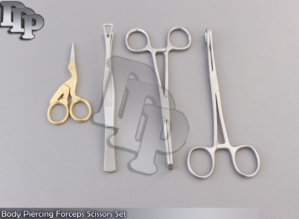 4 Pcs New Body Piercing Forceps Scissors Set SPONGE CLAMP