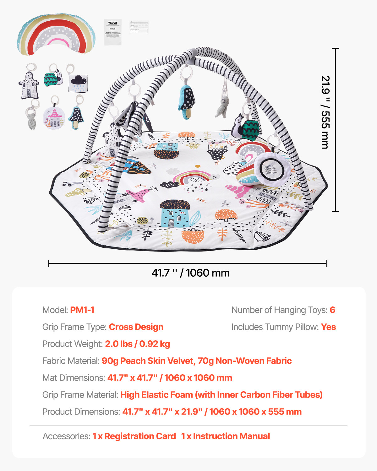 VEVOR Baby Play Gym Mat Tummy Time Activity Mat with 6Sensory Toys 41.7" x 41.7"