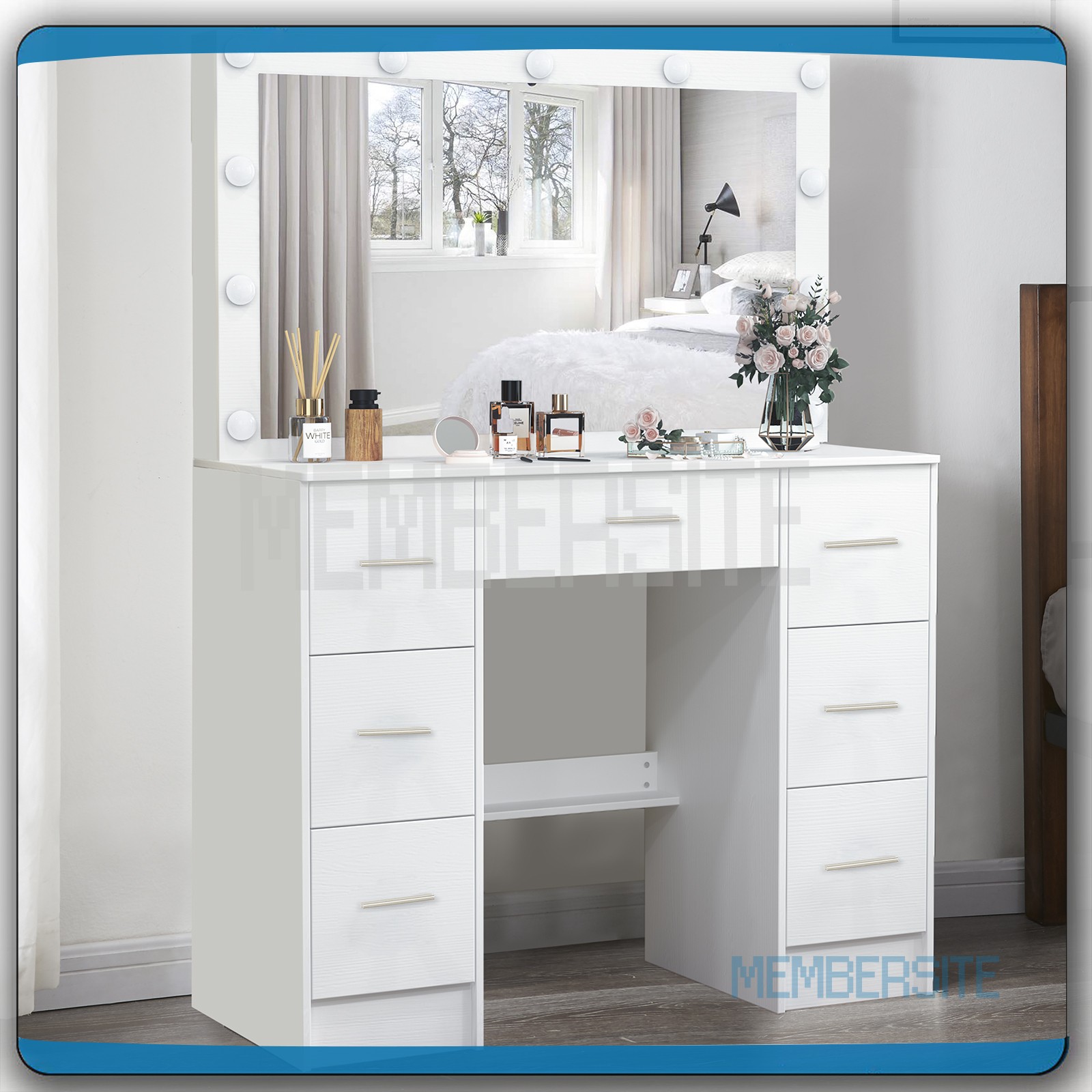 NEW Vanity Desk Makeup Table With Large LED Mirror And 7 Drawers Dressing Desk