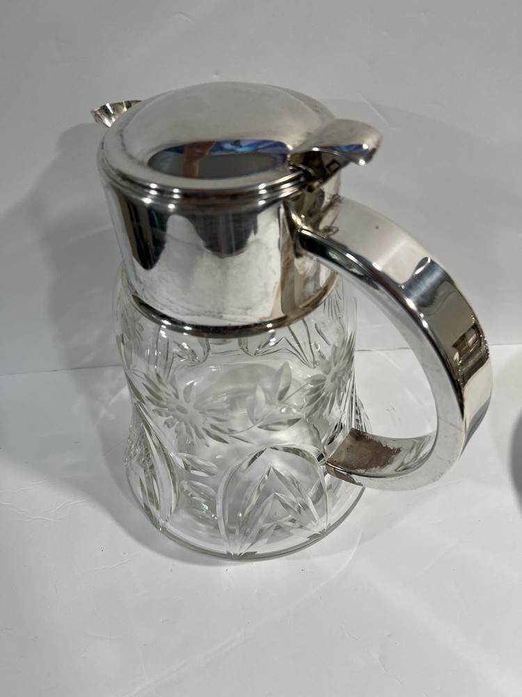 Vintage Germany Silver Plate Large Crystal Carafe Pitcher Cooler