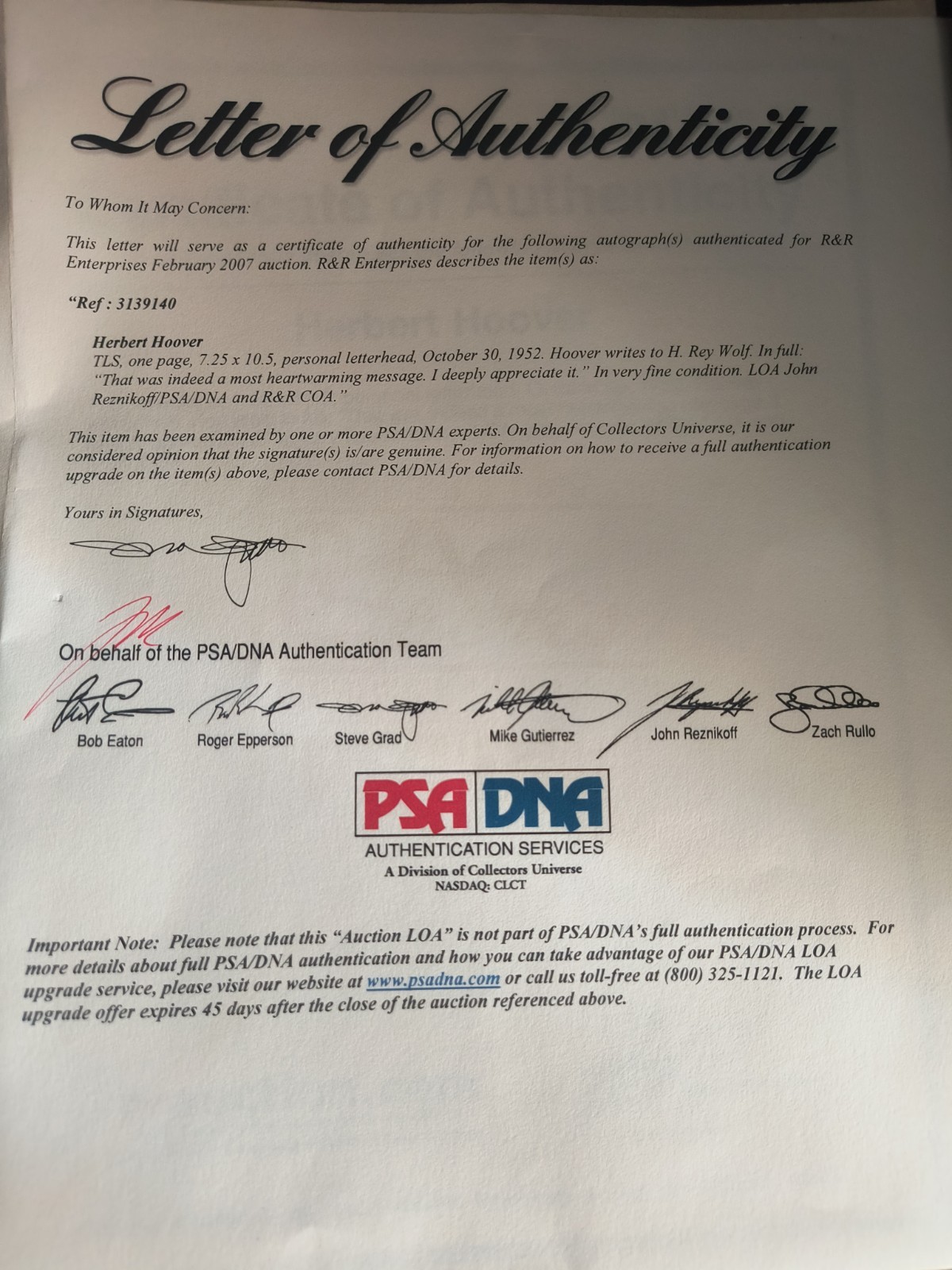 HERBERT HOOVER LETTER From 10/30/1952, PSA/DNA, Envelope, Matted & Framed