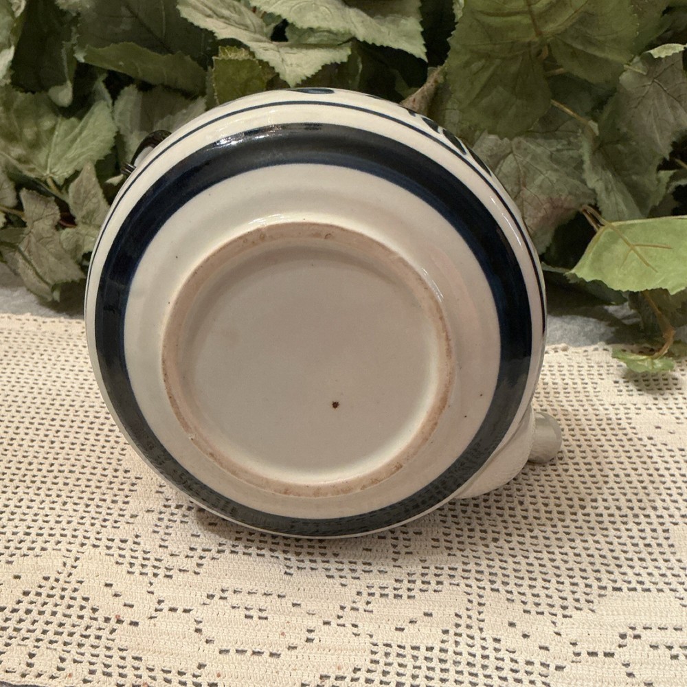 Ceramic Teapot Glossy Round Blue Floral Pattern Wicker Handle White Pottery