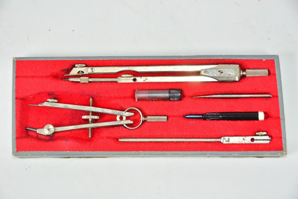 Vintage Drawing Set HELLERMAN Compass Dividers Extension 2 Extra Points