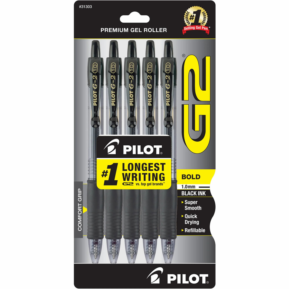 Pilot G2 Retractable Gel Pen Bold Point Black Ink 5 Count