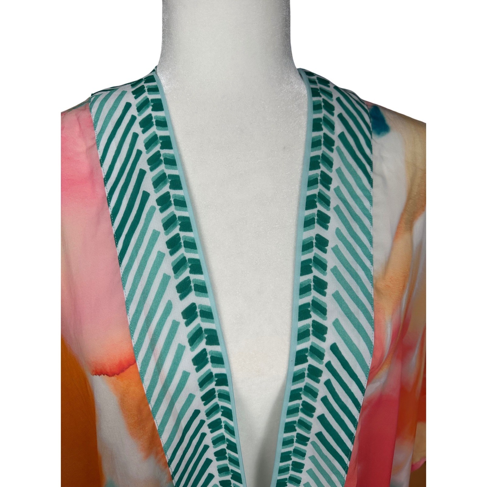 Chico's Kimono Wrap Womens L/XL Orange Pink Watercolor Abstract Boho Coverup