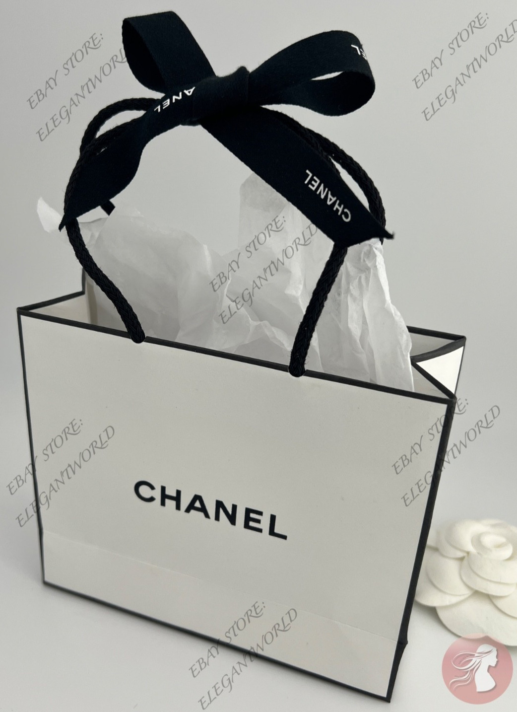 Chanel Small Empty Gift Bag White Paper Classic Black Logo L 5.5 x H 4.5 x D 2"